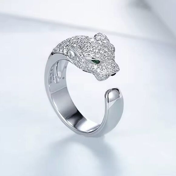 Sterling Silver Panther Adjustable Ring with Green Eyes - Picture 3 of 7